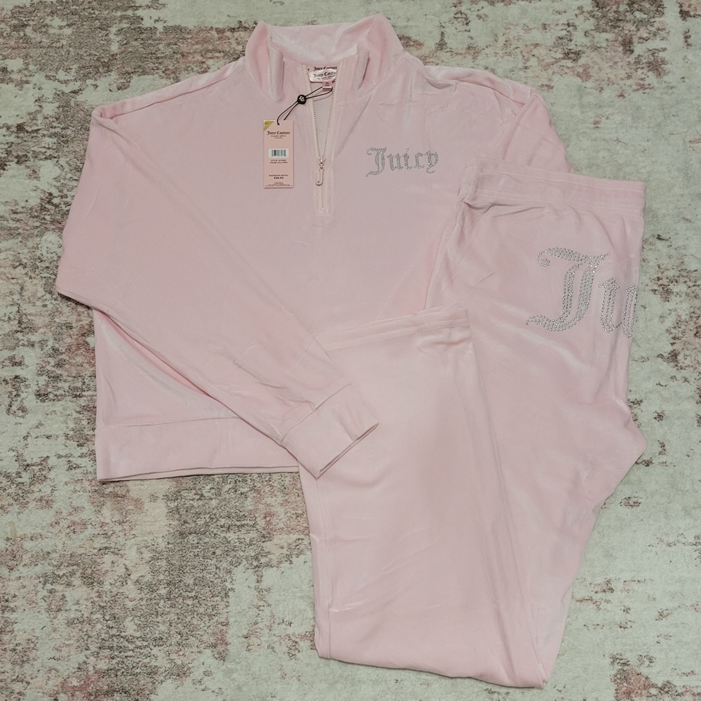 Juicy Couture Light Pink Velour Rhinestone Quarter Zip Lounge Sleepware Set - XL